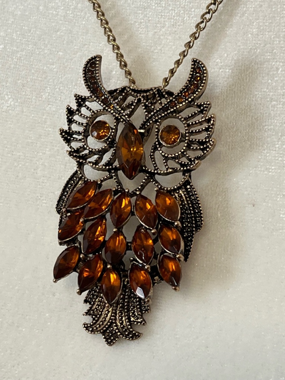 Vintage Style Amber Owl Pendant Long Statement Necklace Bronze Tone - Picture 2 of 5